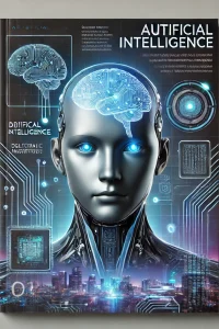 DALL·E 2025-03-10 16.09.48 - A futuristic magazine cover about Artificial Intelligence, featuring a sleek humanoid robot with glowing blue eyes, a digital brain interface, and a c